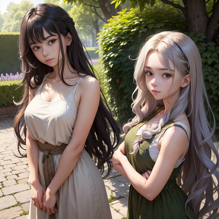 n the image, there is a young woman with long, wavy hair that transitions from a dark root color to a lighter purple at the ends. She has a fair complexion and is wearing a sleeveless, olive green top. The woman is looking directly at the camera with a gentle expression, and her gaze is soft and contemplative. The background is blurred but appears to be a natural setting with greenery, suggesting she might be in a garden or a park. The lighting is soft and natural, casting gentle shadows on her face and highlighting the texture of her hair and the fabric of her top. The overall mood of the image is serene and captures a moment of quiet introspection.