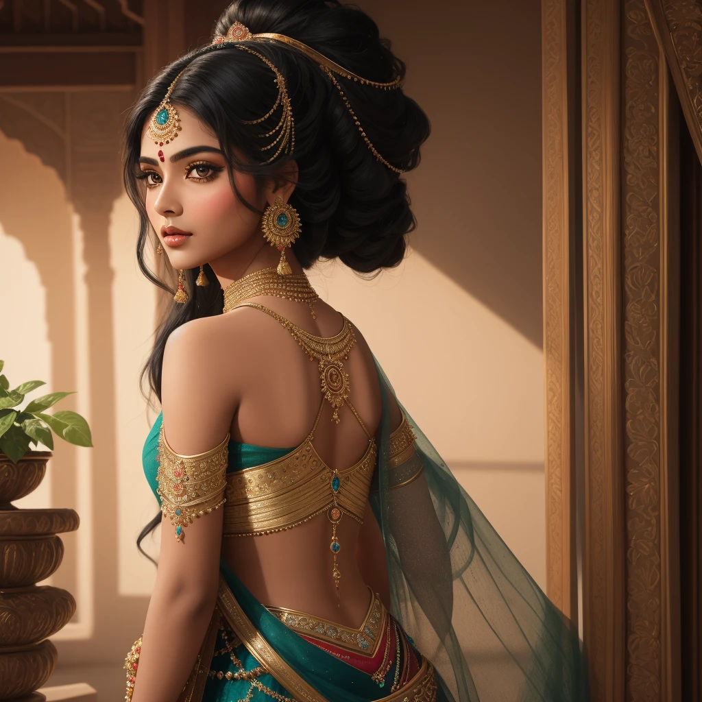 Create a mesmerizing visual representation of a beautiful Indian girl, adorned with intricate details that highlight her captivating features. Her long, black tresses cascade down her back, framing her graceful face. her eyes, sparkling with vibrant colors and expressive eyebrows, are a striking feature of her exotic beauty. Dressed in traditional Indian attire, she exudes an alluring and elegant aura.
The painting is rendered in the highest quality, with a resolution of 8K for an ultra-detailed and lifelike representation. The medium used is a combination of oils and acrylics, chosen for their ability to capture the rich textures and colors of the