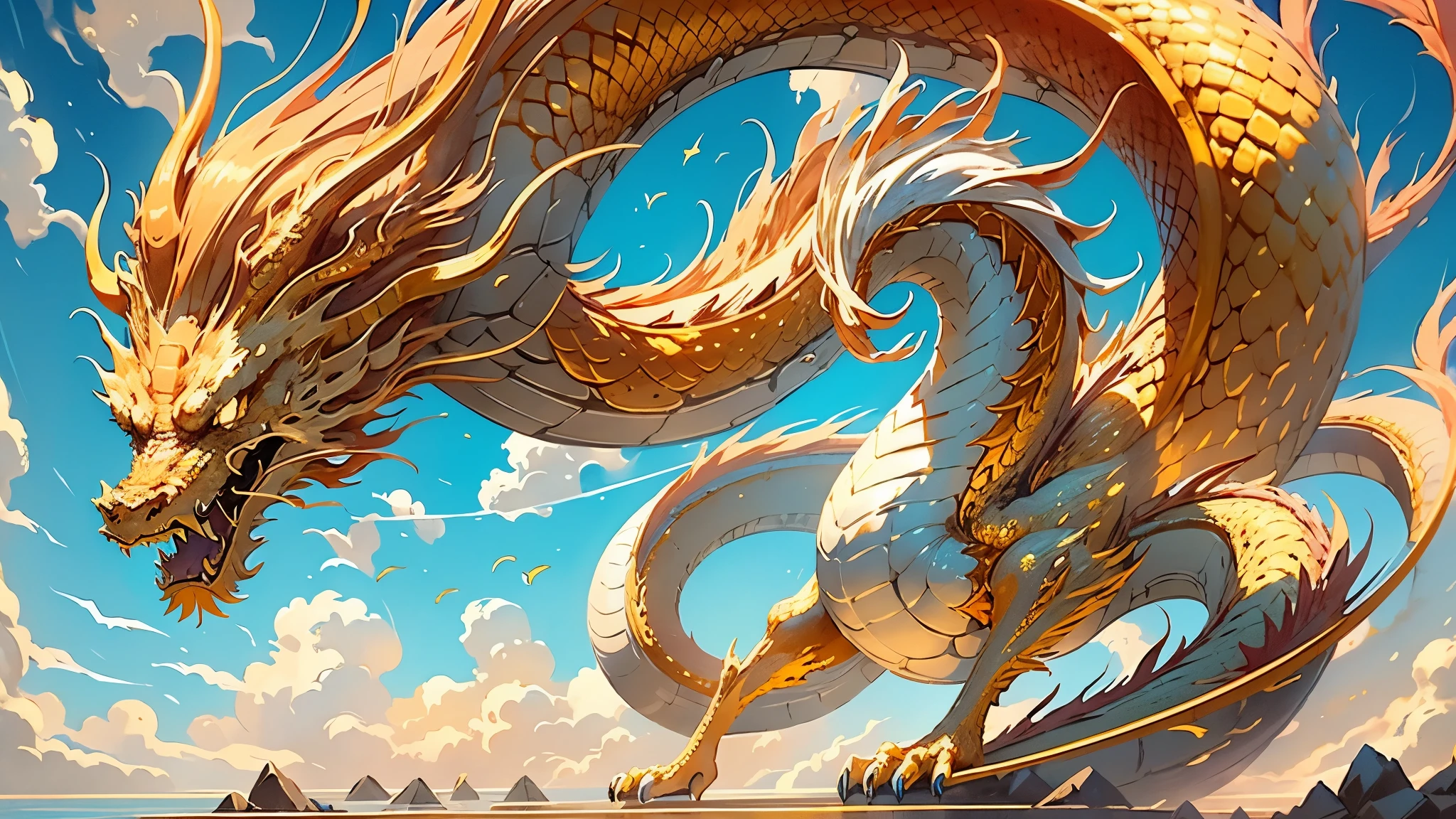 Golden Dragon soaring high in the azure sky, its scales shimmering brilliantly in the sunlight, each scale reflecting a ray of golden light. Its long serpentine body winds around itself as it breathes out a plume of fiery flames, wings spread wide, poised for flight. The dragon's piercing gaze scans the land below, its regal presence commanding awe and reverence. A majestic and fearsome creature, the Golden Dragon rules the skies, a symbol of power, strength, and wisdom.