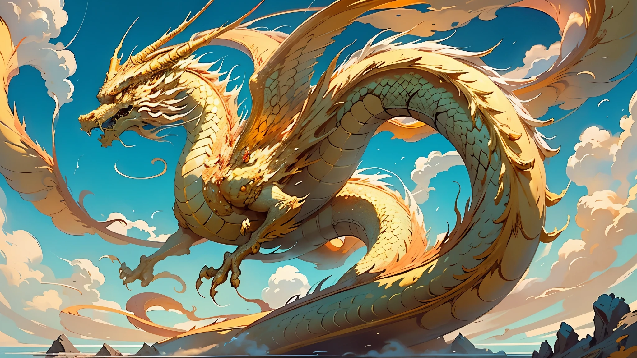 Golden Dragon soaring high in the azure sky, its scales shimmering brilliantly in the sunlight, each scale reflecting a ray of golden light. Its long serpentine body winds around itself as it breathes out a plume of fiery flames, wings spread wide, poised for flight. The dragon's piercing gaze scans the land below, its regal presence commanding awe and reverence. A majestic and fearsome creature, the Golden Dragon rules the skies, a symbol of power, strength, and wisdom.
