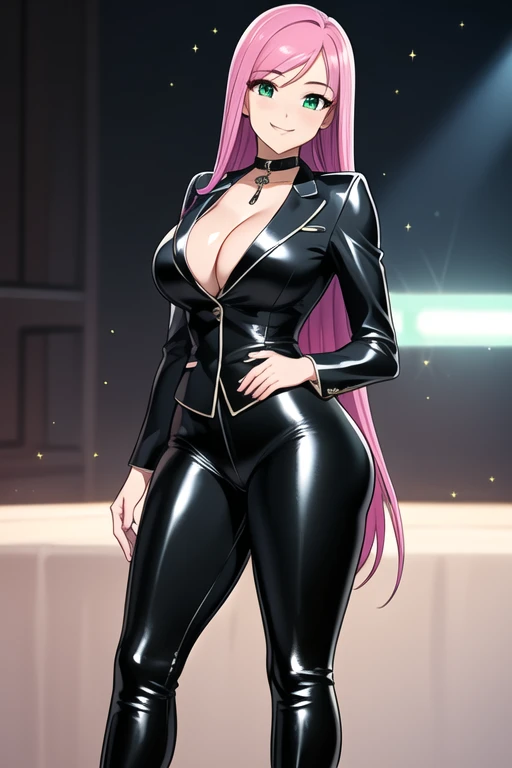 1 girl, 19 years old, Long pink hair, green eyes with slit pupils, master-piece, best quality, (patent leather trousers, sheer silk blouse, streetwear, patent leather high heel boots, cleavage),  (Big , ultra gigantic , Super super big, Glamorous body), Make eye contact with the camera, front figure, looking forward, (light_Smile:1.5), (Detailed hands and fingers:1.2), (FULL BODYSHOT), thighs thighs thighs thighs、beauty legs、Bare legs