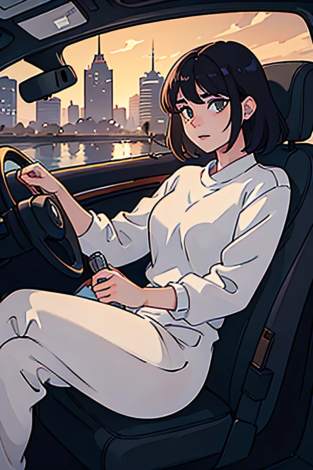 best quality, Ultra-high resolution, On the bridge, driving a maserati, With the man in the driver's seat, Looking at the woman in the passenger seat,Point