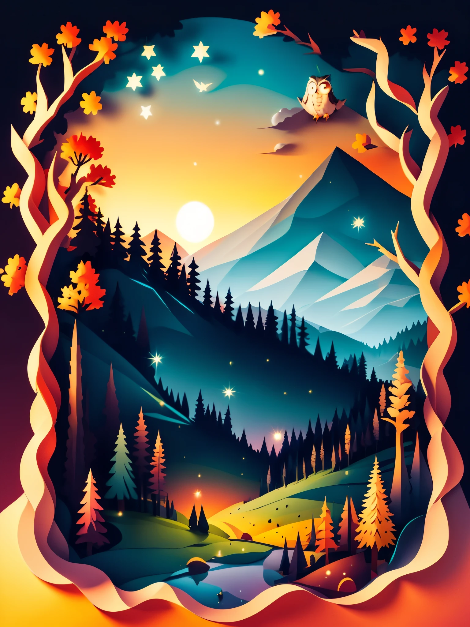 Please draw a picture of a forest illuminated by the setting sun and an owl on a tree branch