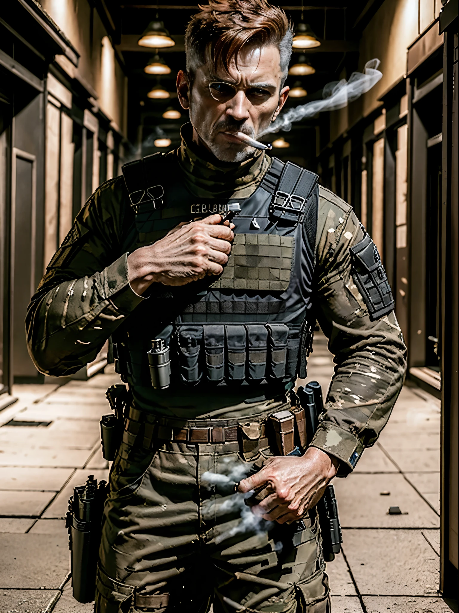 masterpiece, best quality, solo, solo focus, auburn hair, crew cut, dark grey eyes, mercenary, age 45, male focus, (holding weapon with two hands, assault rifle, aiming), load-bearing vest, cigar in mouth, (smoking:1.2), ammunition belt, danger atmosphere, war zone
