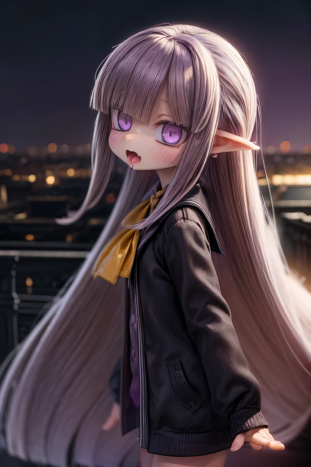 ((Masterpiece)), (Anime:1.3), ((best quality)), (RAW photo:1.2), (High Definition:1.3), (Professional Photography:1.2), (), (1girl), cute young girl, from side, BREAK, (Screaming face:1.3), open mouth, (Beautiful purple eyes:1.5), (dark skin), elf girl, wear a long cardigan, flat chest, slim body, (hair over eyes), (very long bangs:1.3), unruly hair, (medium hair), ((beautiful blond hair)), wear a long cardigan, shortpants, BREAK, ((best quality)), (Panicked Pose:1.4), (on tiny rooftop), paris cityscape,