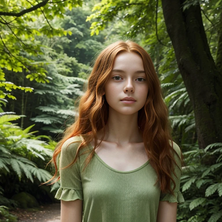 In the image, we see a young woman with long, wavy red hair. She is wearing a green, short-sleeved top that complements the natural surroundings. Her gaze is directed off to the side, and she has a gentle, contemplative expression on her face. The background is lush with greenery, suggesting that the photo was taken in a park or a forested area. The sunlight filters through the leaves, casting a warm glow on her skin and highlighting the texture of her hair. The overall composition of the image conveys a sense of serenity and harmony with nature.