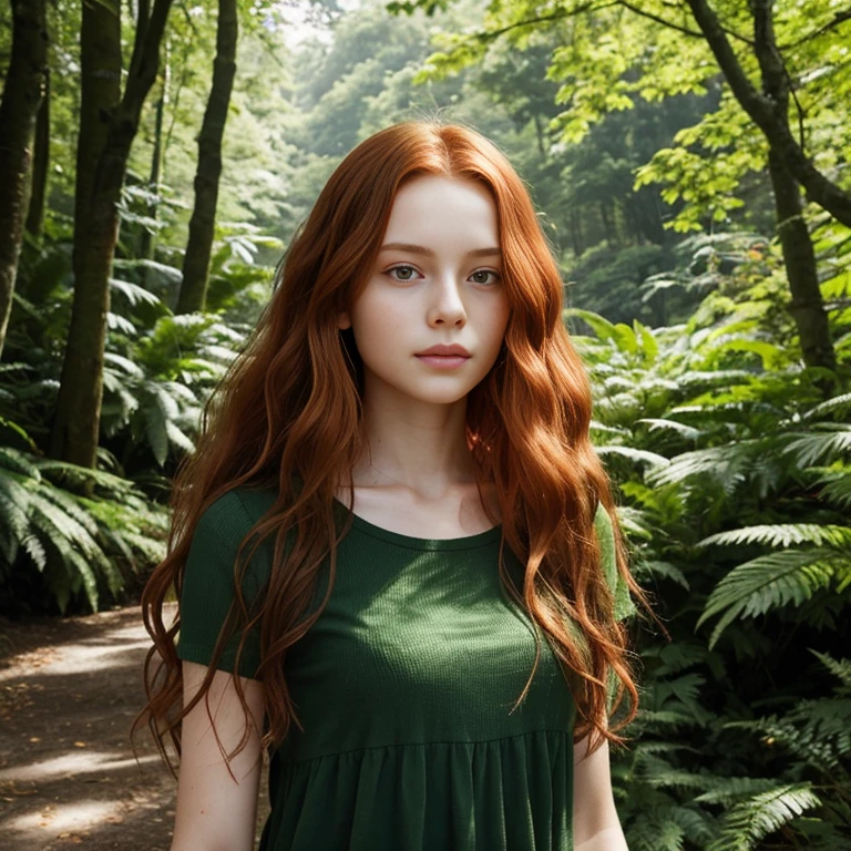 In the image, we see a young woman with long, wavy red hair. She is wearing a green, short-sleeved top that complements the natural surroundings. Her gaze is directed off to the side, and she has a gentle, contemplative expression on her face. The background is lush with greenery, suggesting that the photo was taken in a park or a forested area. The sunlight filters through the leaves, casting a warm glow on her skin and highlighting the texture of her hair. The overall composition of the image conveys a sense of serenity and harmony with nature.