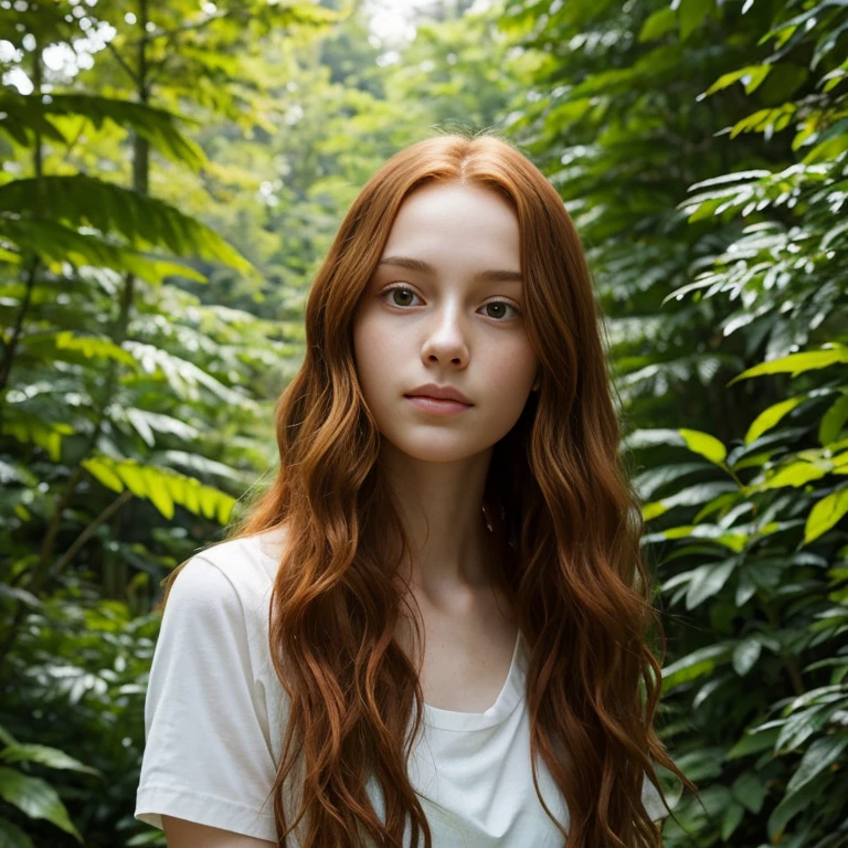 In the image, we see a young woman with long, wavy red hair. She is wearing a green, short-sleeved top that complements the natural surroundings. Her gaze is directed off to the side, and she has a gentle, contemplative expression on her face. The background is lush with greenery, suggesting that the photo was taken in a park or a forested area. The sunlight filters through the leaves, casting a warm glow on her skin and highlighting the texture of her hair. The overall composition of the image conveys a sense of serenity and harmony with nature.