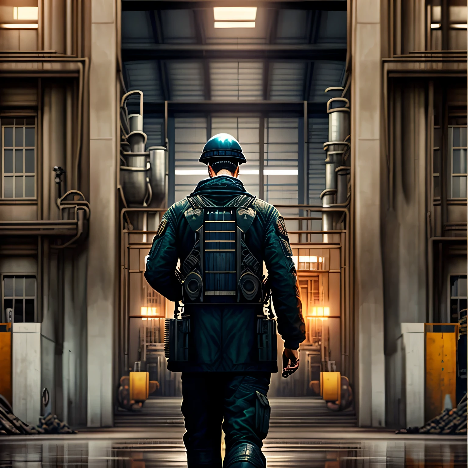 Create an image description that includes the following elements: (1) an industrial building, (2) a man in uniform in front of a factory gate, (3) a specific example of an industrial factory, (4) various industrial processes and manufacturing, (5) 21st century, (6) modern world.