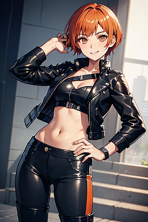 leonie_in_a_black_leather_jacket_and_leather_pants, open_jacket, midriff, short_hair, skinny, beautiful, short_orange_hair, confident_pose, orange_eyes, confident_smile, gentle_expression, high resolution, 8k