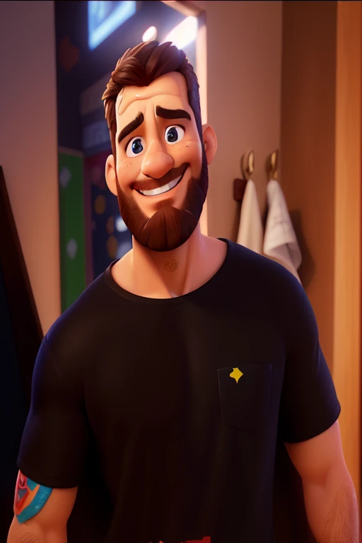 (Melhor qualidade,realista),(retrato),(oil painting),(barba detalhada,olhos azuis detalhados,sorriso sutil),(uniforme de super heroi na cor preta)(oculos escuros),medium brushstrokes,subtle lighting,fundo neutro