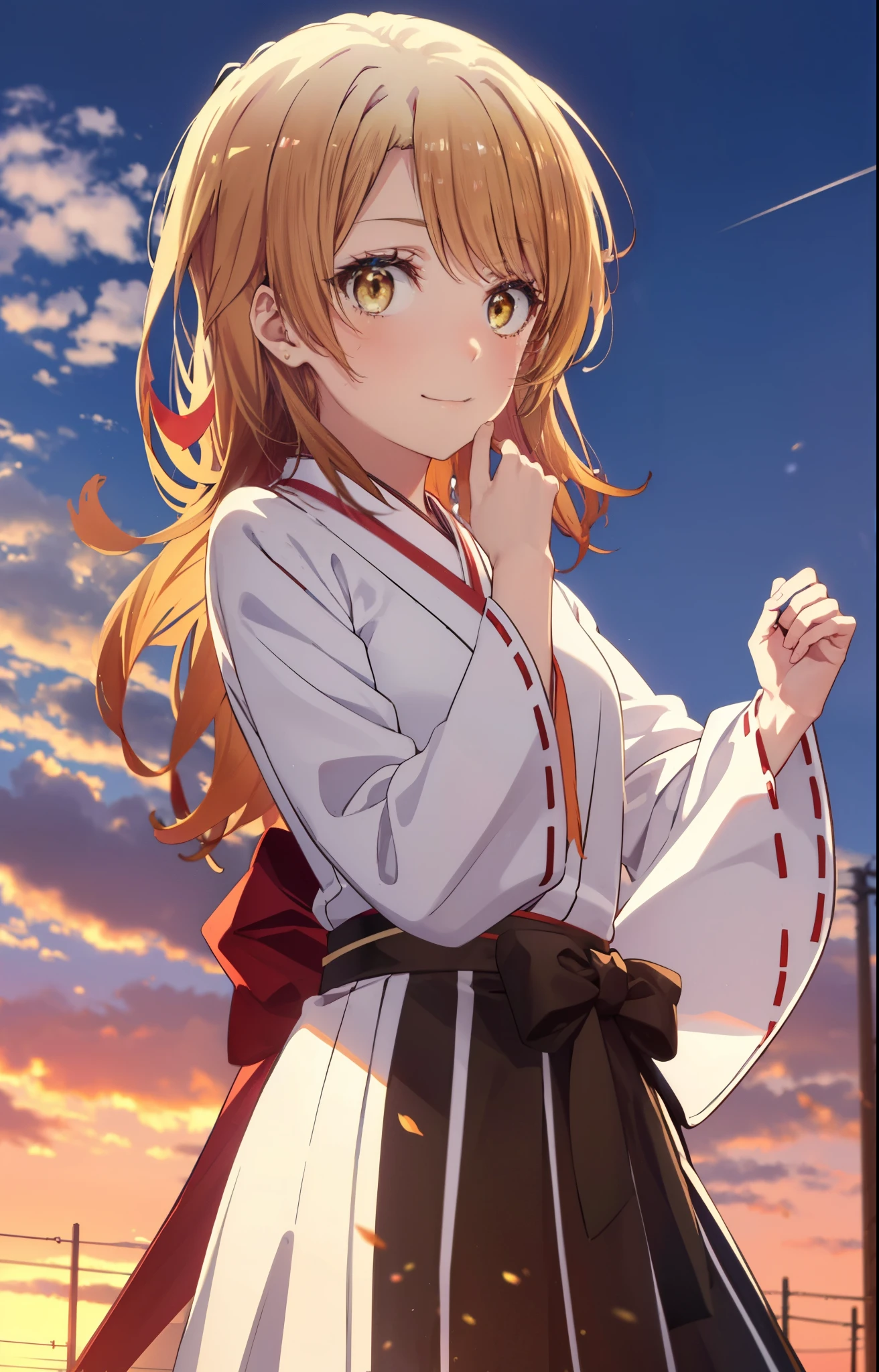 irohaisshiki, iroha isshiki, long hair, brown hair, (brown eyes:1.5), smile,Bellflower,Miko, 白色kimono, kimono,Red hakama Same as skirt, wide sleeve, long sleeve, Ribbon trim sleeves,
very long hair, dull bangs, low ponytail,
break outdoors, 神社
break looking at viewer,whole body, (cowboy shot:1. 5)
break (masterpiece:1.2), highest quality, High resolution, unity 8k wallpaper, (shape:0.8), (fine and beautiful eyes:1.6), highly detailed face, perfect lighting, Very detailed CG, (perfect hands, perfect anatomy),