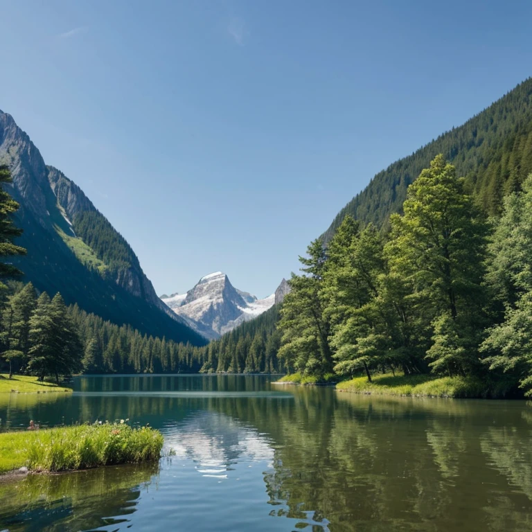 The image captures a serene landscape where the tranquil waters of a lake mirror the surrounding nature. The lake, with its calm surface, perfectly reflects the verdant trees and the majestic mountain in the background. The mountain, adorned with patches of snow, stands tall against the clear sky, adding a touch of rugged beauty to the scene. The trees, lush and green, line the shore of the lake, their leaves rustling softly in the breeze. The overall scene is one of peace and harmony, a snapshot of nature's quiet moments.