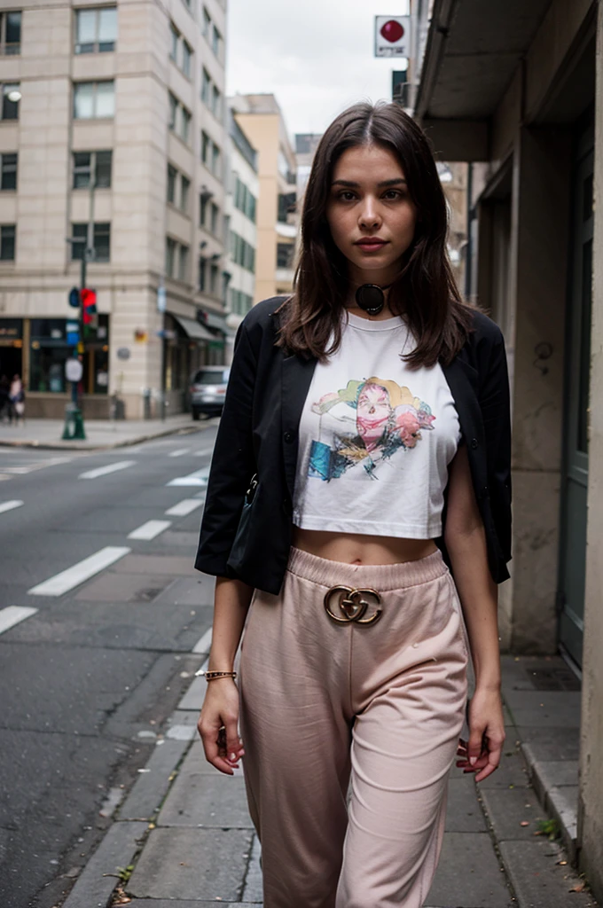 Photos of a woman wearing a Gucci t-shirt and pants 