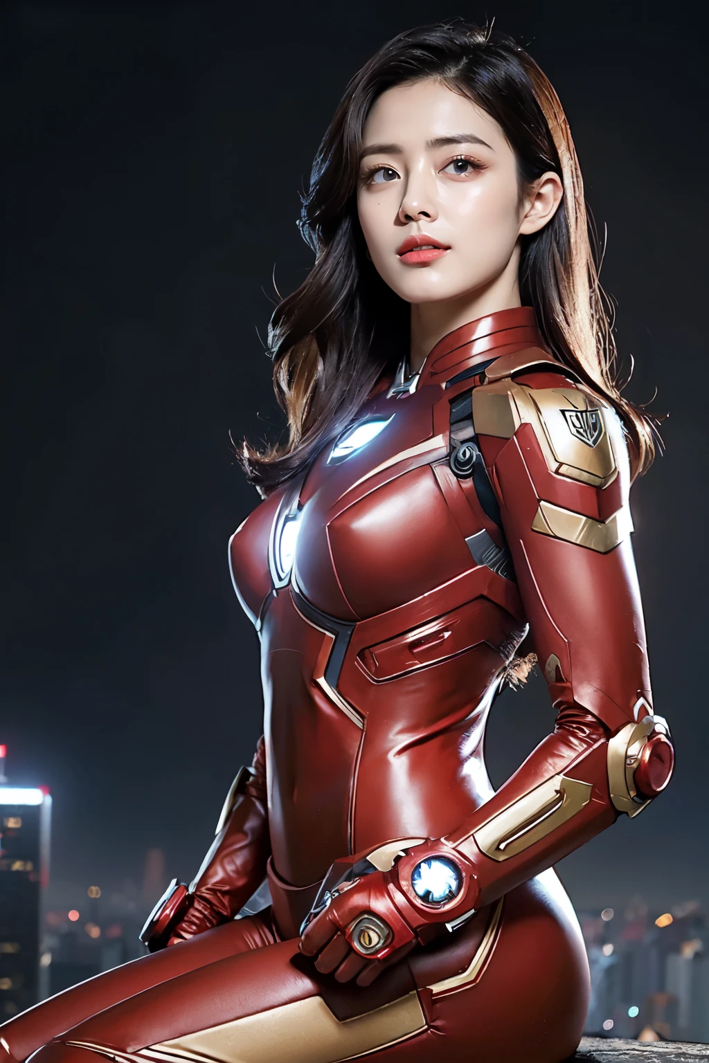 (best quality,ultra-detailed,realistic:1.37), digital illustration, ( woman wearing a ironman costume), detailed eyes and face, beautiful detailed lips, red lips, sexy body, big breasts,long eyelashes, big breasts:1.5, Close-up photo,  woman wearing a ironman costume, long hair, ((Take a photo from below the thigh)),vibrant colors, dramatic lighting, comic book style,  woman wearing a ironman costume, position:sitting, seductive pose, skyscraper background, view dark sky, tall buildings