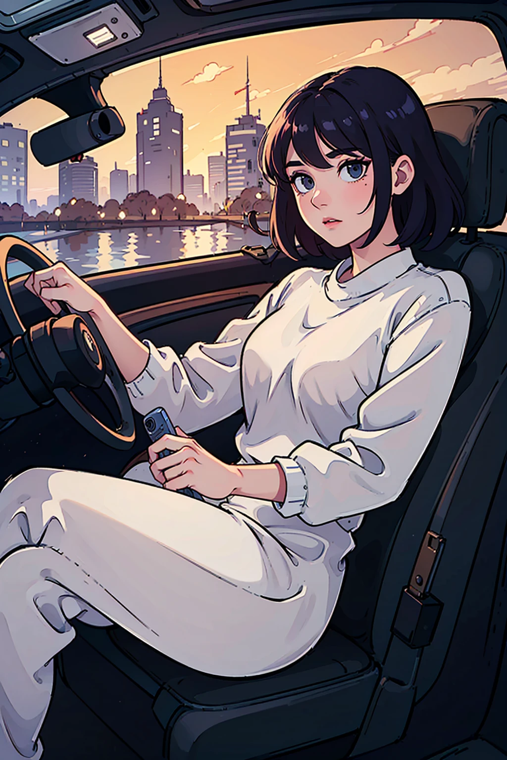 best quality, Ultra-high resolution, On the bridge, driving a maserati, With the man in the driver's seat, Looking at the woman in the passenger seat,Point