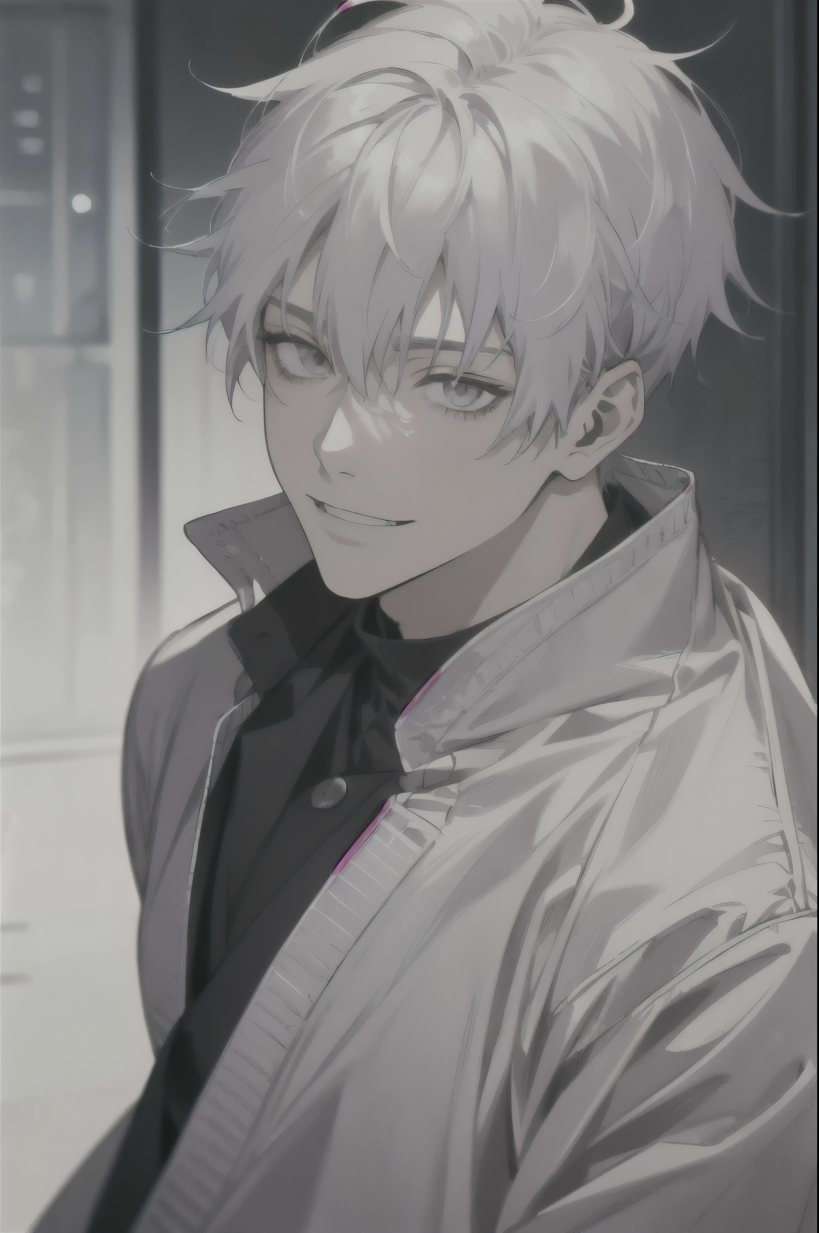 midjourney, ((best quality)), ((masterpiece)), (detailed), perfect face, 1male, handsome male, young, 18 years. old, ((white sleek hair, short hair down like inumaki toge from jujutsu kaisen)), ((dark eyes)), depth of field, happy expression, bright smile vivid colors.