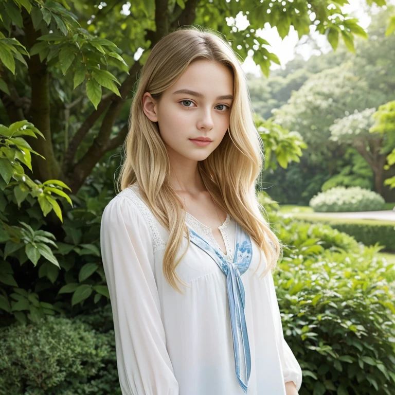 In the image, we see a young woman with long, wavy blonde hair. She is wearing a white blouse adorned with blue floral patterns, which adds a touch of elegance to her appearance. The blouse has a V-neckline and appears to be made of a light, possibly cotton fabric, suitable for a warm climate or a casual yet stylish setting.

The woman is standing amidst lush greenery, with trees and foliage providing a natural backdrop that contrasts with her light-colored attire. The sunlight filters through the leaves, casting a soft glow on her face and highlighting the texture of her hair. Her gaze is directed towards the camera, and she has a gentle, serene expression on her face.

The overall composition of the image suggests a peaceful, outdoor setting, possibly a garden or a park. The focus on the woman's face and upper body, along with the blurred background, draws attention to her features and the details of her clothing. The image captures a moment of tranquility and natural beauty.