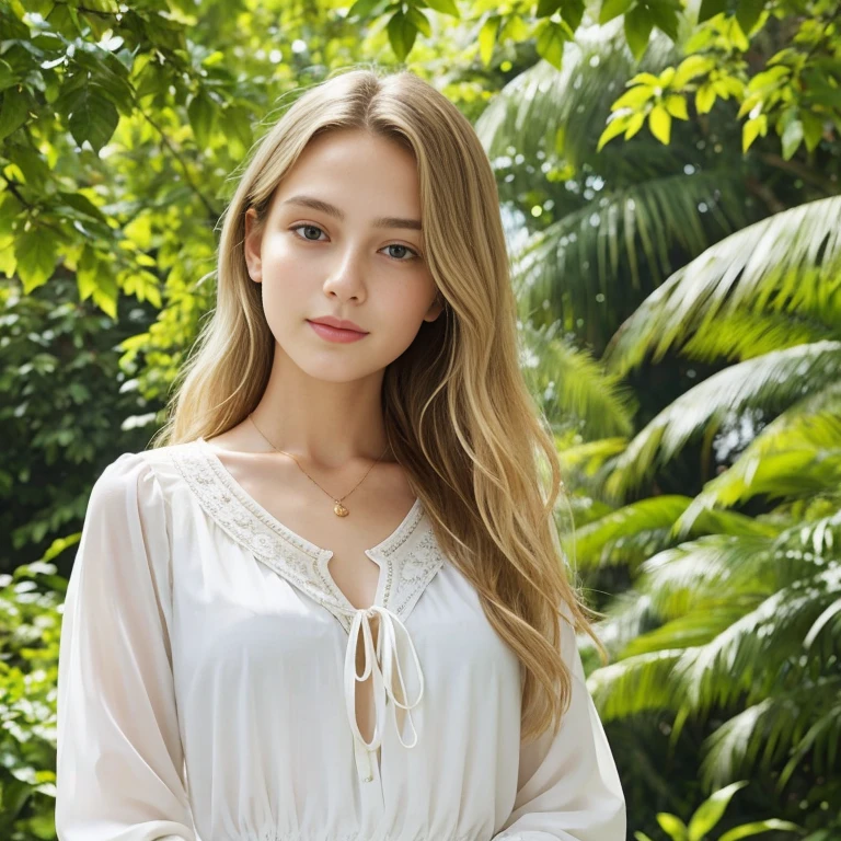In the image, we see a young woman with long, wavy blonde hair. She is wearing a white blouse adorned with blue floral patterns, which adds a touch of elegance to her appearance. The blouse has a V-neckline and appears to be made of a light, possibly cotton fabric, suitable for a warm climate or a casual yet stylish setting.
The woman is standing amidst lush greenery, with trees and foliage providing a natural backdrop that contrasts with her light-colored attire. The sunlight filters through the leaves, casting a soft glow on her face and highlighting the texture of her hair. Her gaze is directed towards the camera, and she has a gentle, serene expression on her face.
The overall composition of the image suggests a peaceful, outdoor setting, possibly a garden or a park. The focus on the woman's face and upper body, along with the blurred background, draws attention to her features and the details of her clothing. The image captures a moment of tranquility and natural beauty.