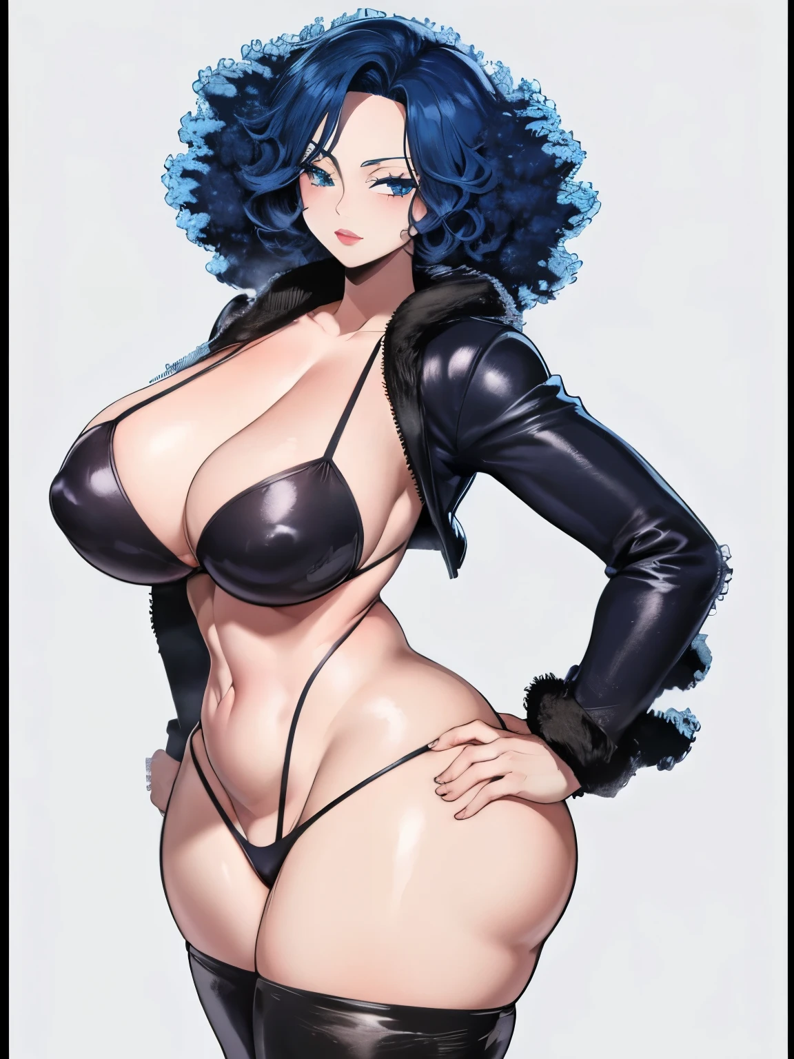 CLOSE UP OF BEAUTIFUL WOMAN WITH BLUE HAIR, BLUE HAIR, CURLY HAIR, WOMAN WITH BLACK PANTS, WOMAN WITH BLACK LINGERIE, ANIME IMAGE, ANIME IMAGE STYLE, ANIME STYLE, BEAUTIFUL DETAILED EYES