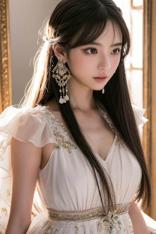 Create and express the best shining composition of the person in a realistic way。((masterpiece))、(((top-quality)))、((ultra-detailliert))、(A hyper-realistic)、(highly detailed CGillustration)、(extremely delicate and beautiful)、Girl a masterpiece、top-quality、Realistic skin feeling、Realistic fabric、We will introduce a realist illustration focusing on the center front of girls with realistic and ultra-detailed eyes.。This is the absolute rule, and the following sentence expresses the image quality。 The greatest painter in human history meets an unparalleled beauty、It is the greatest masterpiece in the history of the Inuiku Ichigo, which depicts the most beautiful figure of a lifetime.。 Create stunning anime artwork that is currently trending on seaStation、Introducing exquisite beauty and seductive aesthetics, jeweled dress