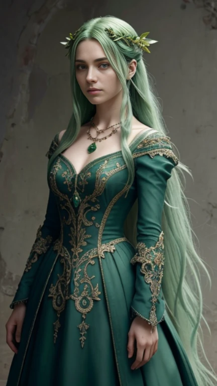 The image presents a close-up of a fantasy character, exuding an air of otherworldly beauty. The character's striking green eyes, framed by long, flowing green hair, are the focal point of the image. The eyes, with their vibrant green hue, seem to hold a world of secrets and stories. The hair, matching the eyes in color, cascades down the character's shoulders, adding to the ethereal quality of the image.

The character is adorned with a green necklace that adds a touch of elegance and mystique. The necklace, with its intricate design, complements the character's overall look. The character's attire is a green dress, which is intricately designed with a pattern that adds depth and texture to the image. The dress, like the necklace, is a shade of green that matches the character's hair and eyes, creating a harmonious color palette.

The character's expression is one of contemplation, adding a layer of depth to the image. The slight tilt of the head and the thoughtful gaze suggest a character who is deep in thought or perhaps lost in a dream. The overall composition of the image, with its focus on the character's face and upper body, draws the viewer in, inviting them to speculate about the character's story and the world she inhabits.
