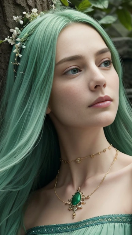 The image presents a close-up of a fantasy character, exuding an air of otherworldly beauty. The character's striking green eyes, framed by long, flowing green hair, are the focal point of the image. The eyes, with their vibrant green hue, seem to hold a world of secrets and stories. The hair, matching the eyes in color, cascades down the character's shoulders, adding to the ethereal quality of the image.
The character is adorned with a green necklace that adds a touch of elegance and mystique. The necklace, with its intricate design, complements the character's overall look. The character's attire is a green dress, which is intricately designed with a pattern that adds depth and texture to the image. The dress, like the necklace, is a shade of green that matches the character's hair and eyes, creating a harmonious color palette.
The character's expression is one of contemplation, adding a layer of depth to the image. The slight tilt of the head and the thoughtful gaze suggest a character who is deep in thought or perhaps lost in a dream. The overall composition of the image, with its focus on the character's face and upper body, draws the viewer in, inviting them to speculate about the character's story and the world she inhabits.