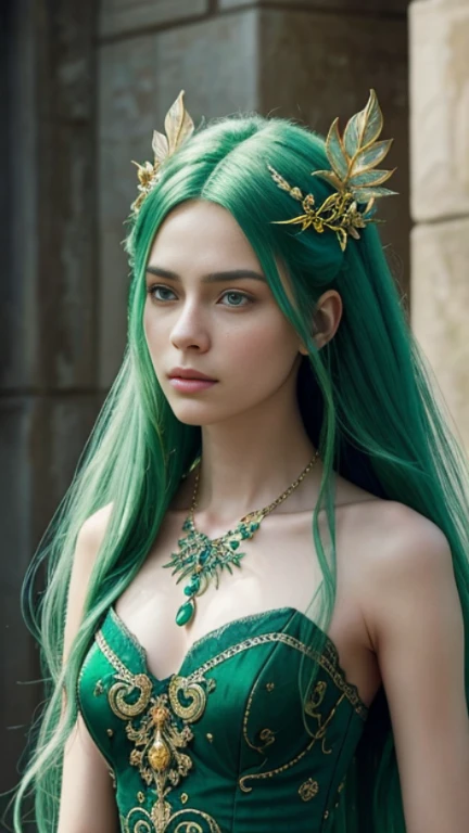 The image presents a close-up of a fantasy character, exuding an air of otherworldly beauty. The character's striking green eyes, framed by long, flowing green hair, are the focal point of the image. The eyes, with their vibrant green hue, seem to hold a world of secrets and stories. The hair, matching the eyes in color, cascades down the character's shoulders, adding to the ethereal quality of the image.

The character is adorned with a green necklace that adds a touch of elegance and mystique. The necklace, with its intricate design, complements the character's overall look. The character's attire is a green dress, which is intricately designed with a pattern that adds depth and texture to the image. The dress, like the necklace, is a shade of green that matches the character's hair and eyes, creating a harmonious color palette.

The character's expression is one of contemplation, adding a layer of depth to the image. The slight tilt of the head and the thoughtful gaze suggest a character who is deep in thought or perhaps lost in a dream. The overall composition of the image, with its focus on the character's face and upper body, draws the viewer in, inviting them to speculate about the character's story and the world she inhabits.