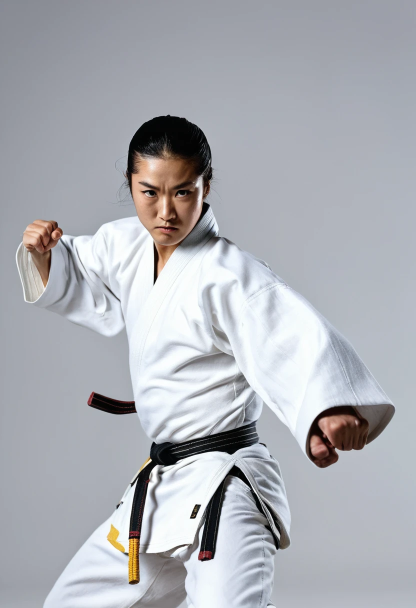 (8K, RAW-Foto, high resolution, Meisterwerk: 1.2) The picture shows a European karateka in a pristine white karategi. The composition of the image creates a majestic atmosphere, while the karateka looks forward with a proud posture. Das Zimmer, in dem er steht, ist mit dunklem Tatamiboden ausgelegt, which gives the scene a dignified mood. The karateka's pose is he grabs the belt, zerzaustes Haar, bedrohliche Haltung, muscular, Aggression