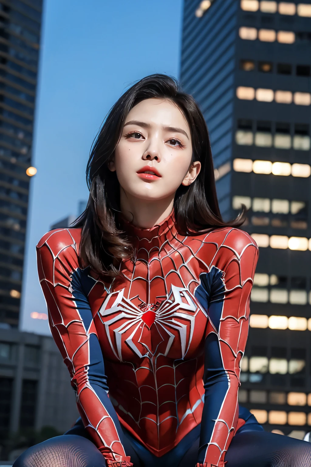 (best quality,ultra-detailed,realistic:1.37), digital illustration, ( woman wearing a spiderman costume), detailed eyes and face, beautiful detailed lips, red lips, sexy body, big breasts,long eyelashes, big breasts:1.5, Close-up photo, woman wearing a spiderman costume, long hair, ((Take a photo from below the thigh)),vibrant colors, dramatic lighting, comic book style, woman wearing a spiderman costume, position:sitting, seductive pose, skyscraper background, view dark sky, tall buildings
