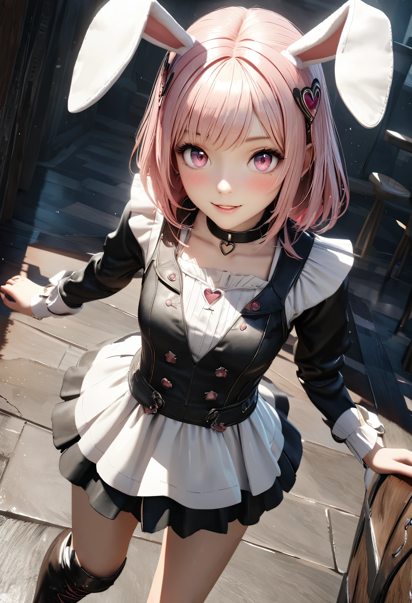 highest quality, highest quality, Super detailed, high resolution, High resolution, HDR, 4k, 8K, unity 8k wallpaper, Detailed CG, masterpiece, realistic, photorealistic, 2D, 3D, beautiful details, depth, fine texture , super fine: 1.3, Fully focused, crispy skin, he,
Very cute anime girl with medium long pink hair ,black jumper,mini skirt,knee high boots, Like a doll, smile,solo girl,he女の名前はリコウサです, alone, pink hair, animal ears, mole under the eyes, looking at the viewer, blush, mole, rabbit ears, parted lips, hair piece, heart, pink eyes, choker