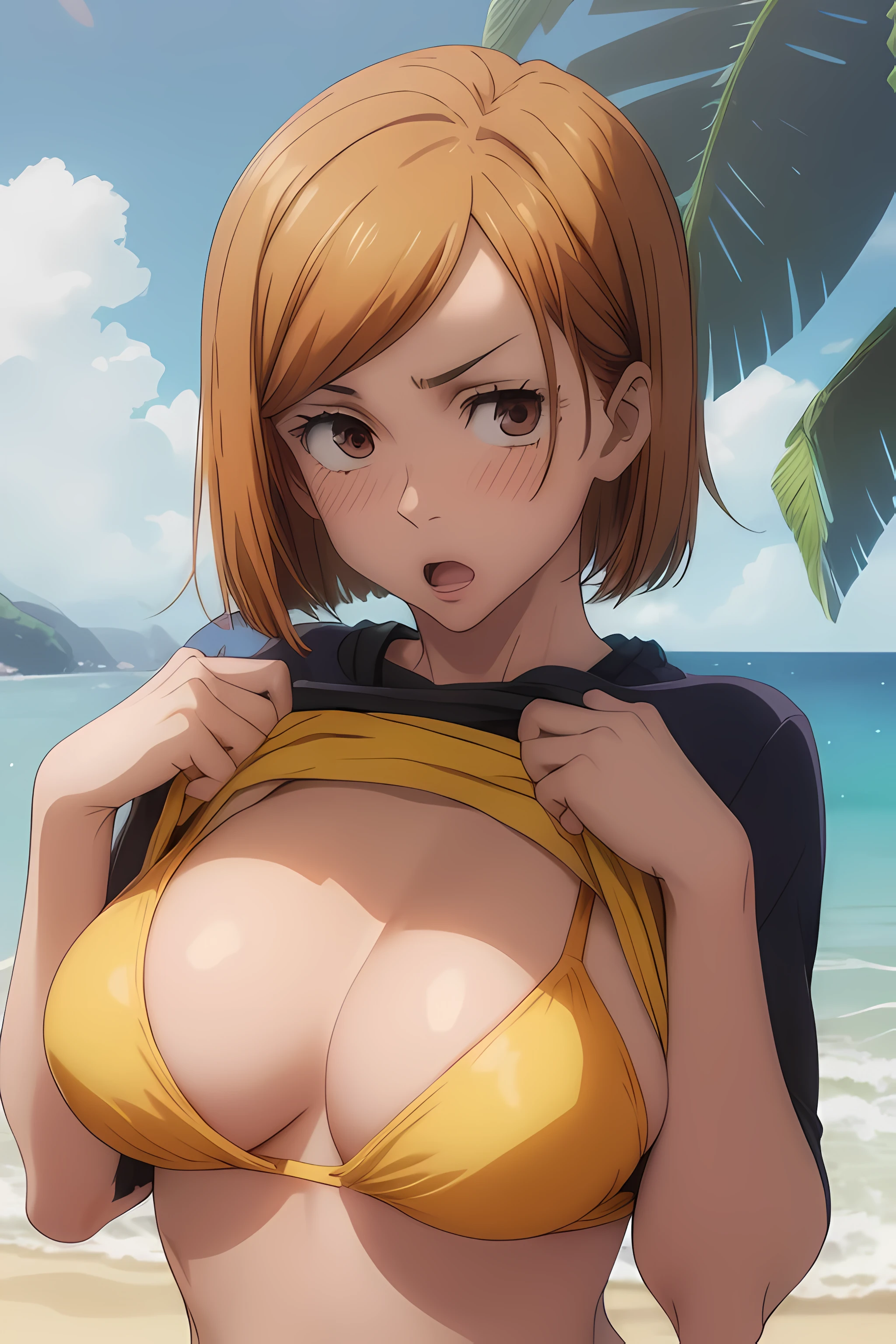 (masterpiece), (best quality), (ultra-detailed), (best illustration), (best shadow), (absurdres), nobarakugisakinova, short hair, orange hair, ((brown eyes)), kugisaki nobara, 1girl, solo, bangs, looking at viewer, upper body, beach background, perfect body, ((perfect breasts)), Hourglass body, thin waist, very thin waist, (large breasts), sexy, (skinny), ((blushing)), bare shoulders, bare collarbone, frown, bare neck, ((blushing)), anime, ((shirtlift)), ((((yellow bikini)))), ((open mouth)), sleeves, ((scared expression))