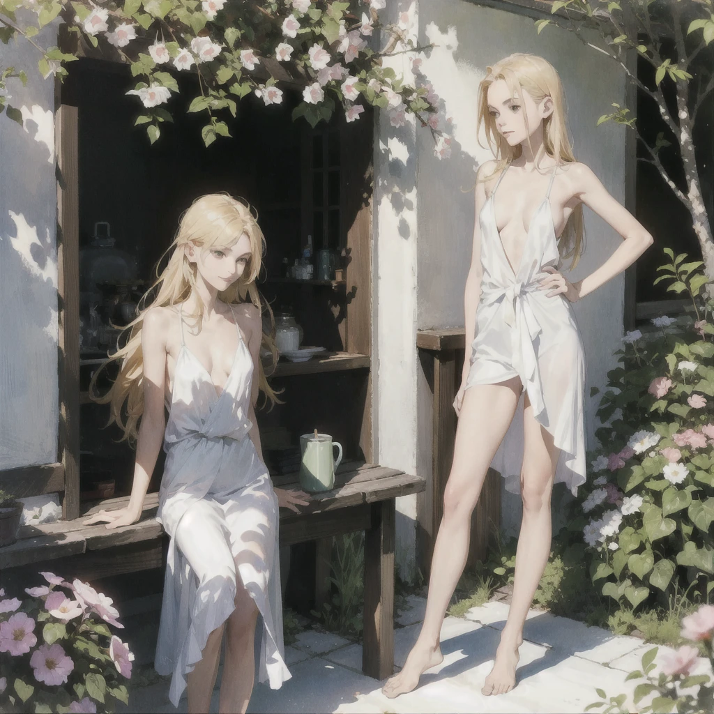 Exquisite slender gentle girl of 20 years old with a perfect very beautiful delicate face with straight blond silver hair (with purple eyes) naked with tender breasts in the rays of the rising sun (Barefoot) (in a white long skirt) (((with beautiful soft small naked breasts with pink naked nipples))) drinking on the veranda in the garden (Coffee) and looks at the flowers, in watercolor style, discreet light shades, Flares, imitation of film photography, against the sun, a lot of sun glare, light fills the frame