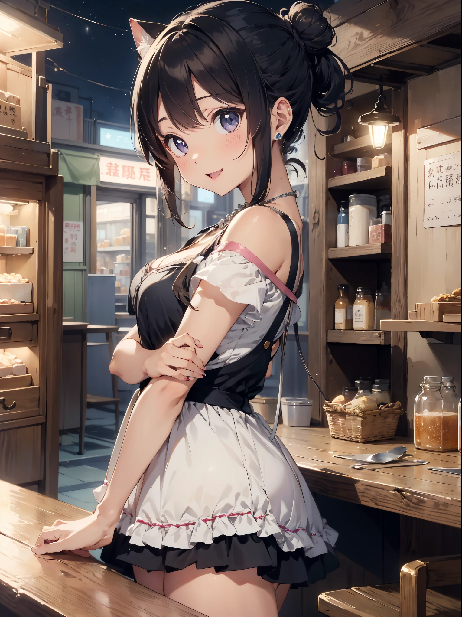 Anime style, anime waifu, 1girl, (solo:1.2), ((masterpiece)), [slim], (large breasts:1.27), (pale skin:1.3), ((detailed blue eyes)), (bokeh effect), (dynamic angle), dynamic pose, Paris cozy cafe, starry brown eyes, chestnut with wavy hair, (maid outfit:1.3), necklace, ring earing, arms down, standing, model posing,