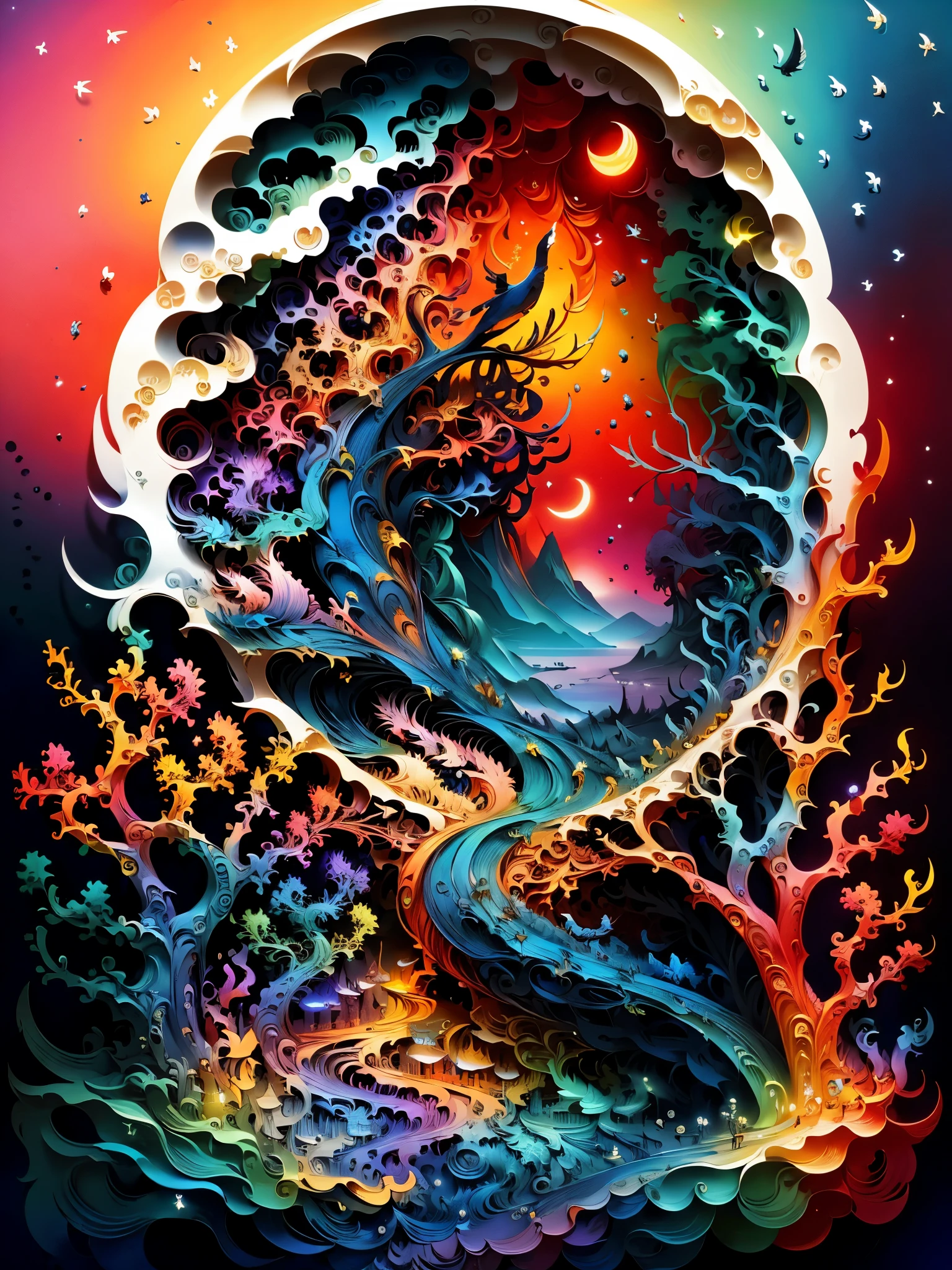 colorful, vibrant colors, dramatic lighting, surreal, fantasy, surrealism, dreamlike, intricate details, mystical creatures, ethereal landscapes, magical atmosphere, otherworldly, enchanting, captivating, imaginative, awe-inspiring.