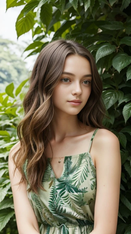 In the image, there is a young woman with striking green eyes and long, wavy brown hair. She is wearing a green top with a leaf-like pattern that blends harmoniously with the surrounding greenery. The background is lush with various shades of green foliage, creating a natural and vibrant backdrop that complements her attire and the color of her eyes. The woman is looking directly at the camera with a gentle and serene expression. The overall composition of the image suggests a connection between the subject and nature, with the use of color and the natural setting creating a visually cohesive and aesthetically pleasing scene.