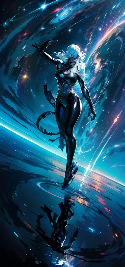 A character from the comics Silver Surfer female version, She's flying through space on top of her board......., The scenery shows galaxies in the background, seu corpo reflete luzes, pose majestosa, reflection light, raios de deus, hiper-realismo, Masterpiece, detalhes altos, melhor qualidade, alta qualidade, corpo inteiro prateado, pele prateada, careca