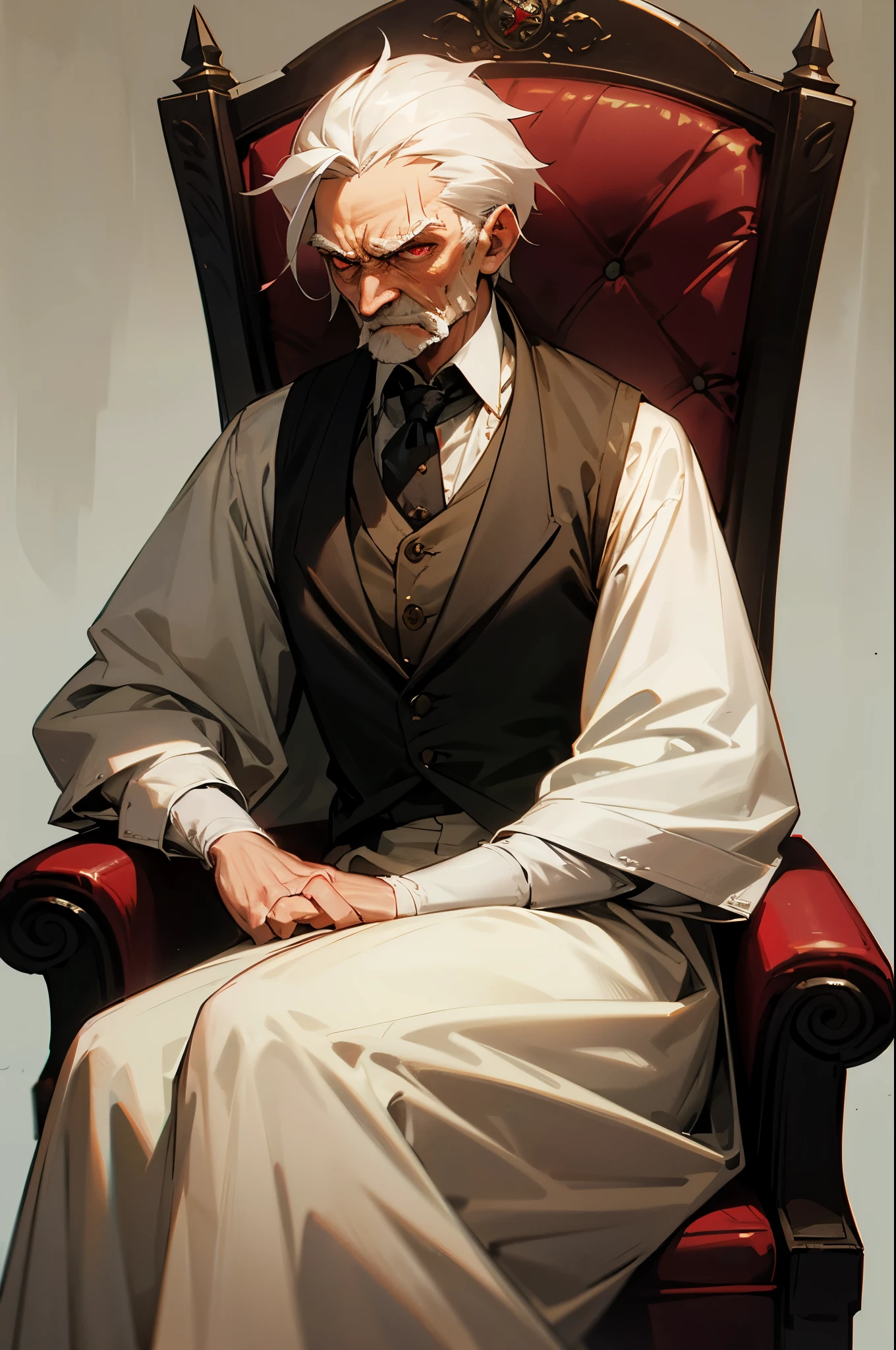 1800's london background, 1800's london outfit,white hair , old man, angry, red pupils, dark skies, sitting in chair