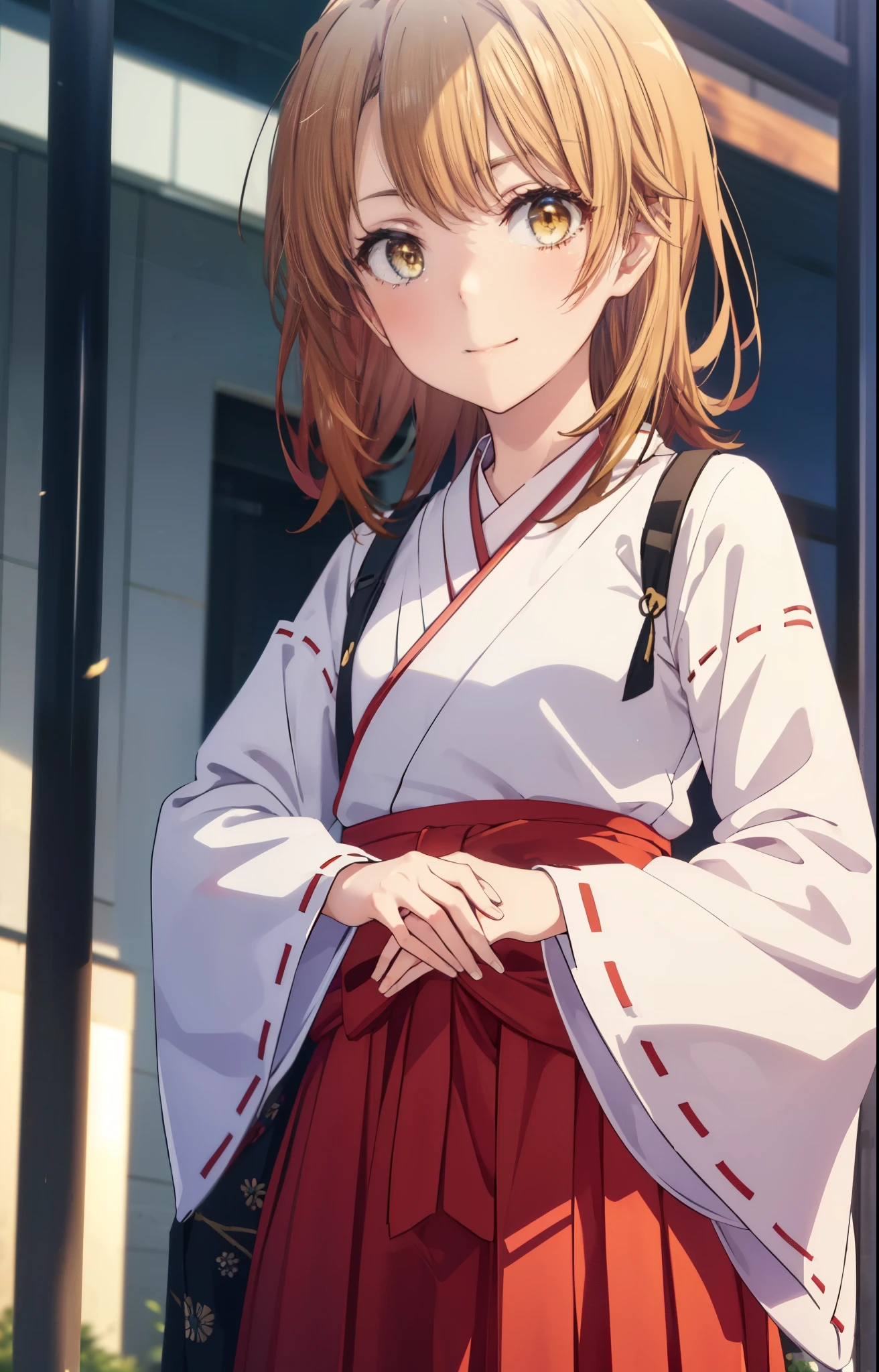 irohaisshiki, iroha isshiki, long hair, brown hair, (brown eyes:1.5), smile,Bellflower,Miko, 白色kimono, kimono,Red hakama Same as skirt, wide sleeve, long sleeve, Ribbon trim sleeves,
very long hair, dull bangs, low ponytail,
break outdoors, 神社
break looking at viewer,whole body, (cowboy shot:1. 5)
break (masterpiece:1.2), highest quality, High resolution, unity 8k wallpaper, (shape:0.8), (fine and beautiful eyes:1.6), highly detailed face, perfect lighting, Very detailed CG, (perfect hands, perfect anatomy),