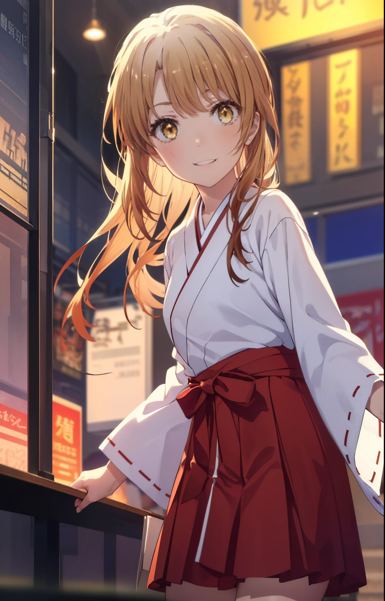 irohaisshiki, iroha isshiki, long hair, brown hair, (brown eyes:1.5), smile,Bellflower,Miko, 白色kimono, kimono,Red hakama Same as skirt, wide sleeve, long sleeve, Ribbon trim sleeves,
very long hair, dull bangs, low ponytail,
break outdoors, 神社
break looking at viewer,whole body, (cowboy shot:1. 5)
break (masterpiece:1.2), highest quality, High resolution, unity 8k wallpaper, (shape:0.8), (fine and beautiful eyes:1.6), highly detailed face, perfect lighting, Very detailed CG, (perfect hands, perfect anatomy),