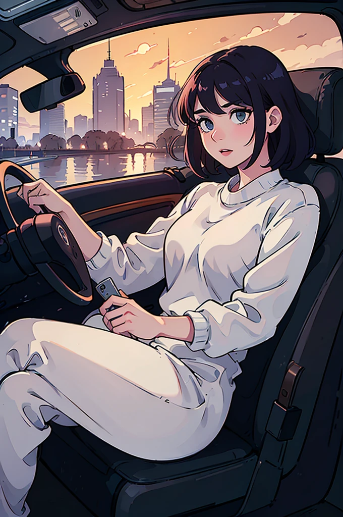 best quality, Ultra-high resolution, On the bridge, driving a maserati, With the man in the driver's seat, Looking at the woman in the passenger seat,Point