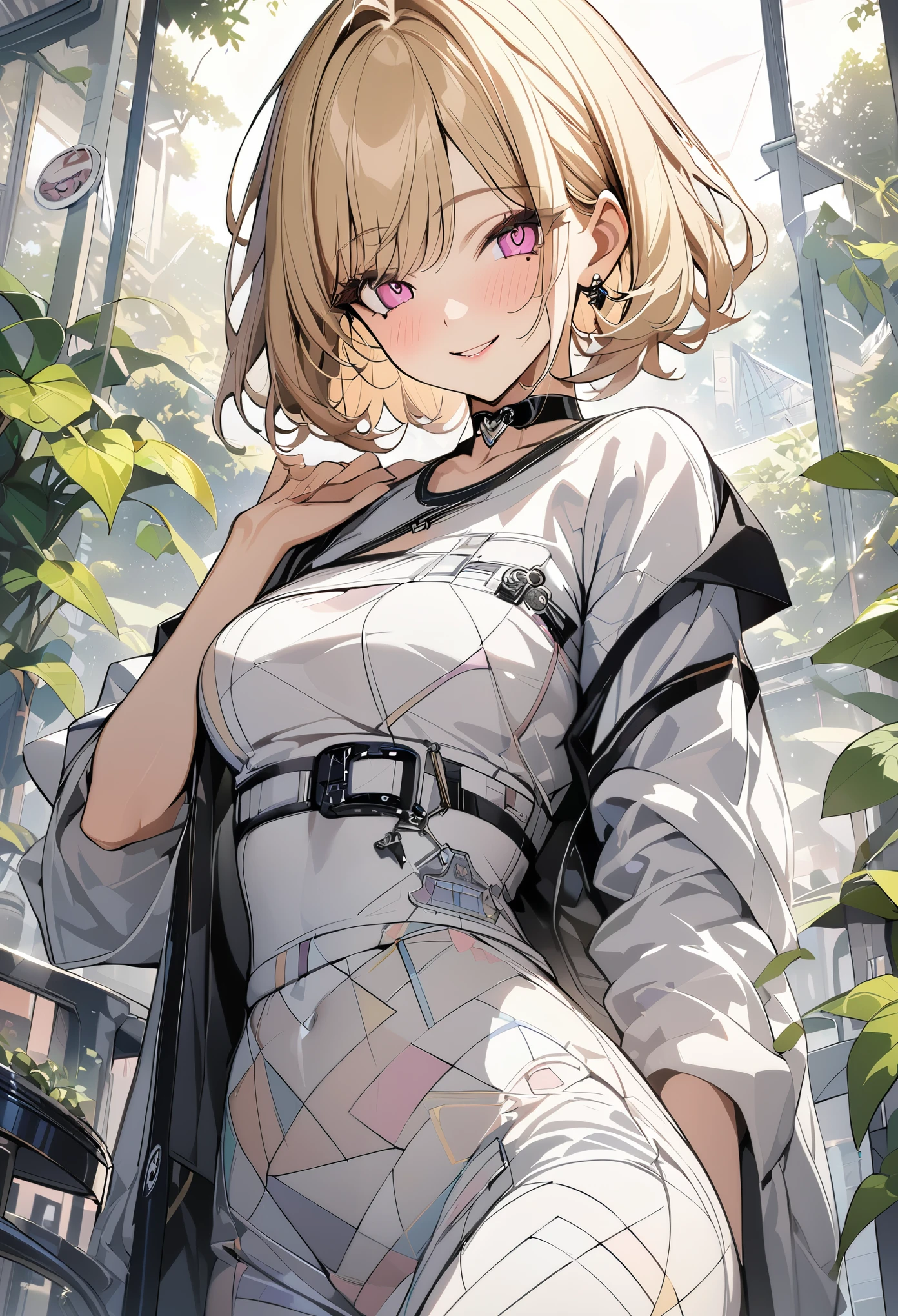 1 girl, blonde bob hair, heart shaped eyes, ♡, lace queen, {girl with blonde bob hair named nao}, (Pink eye color), {race car}, (smile), bright background , mole under eye, Star-shaped choker, (masterpiece, highest quality), very detailed, highest quality, official art, beautiful and aesthetic: 1.2), (1 girl), very detailed, (geometry art: 1.3), colorful, most detailed ,(garden,beautiful flower々), (masterpiece, highest quality), official art, beautiful and aesthetic: 1.2), (1 girl), very detailed, (geometry art: 1.3), colorful