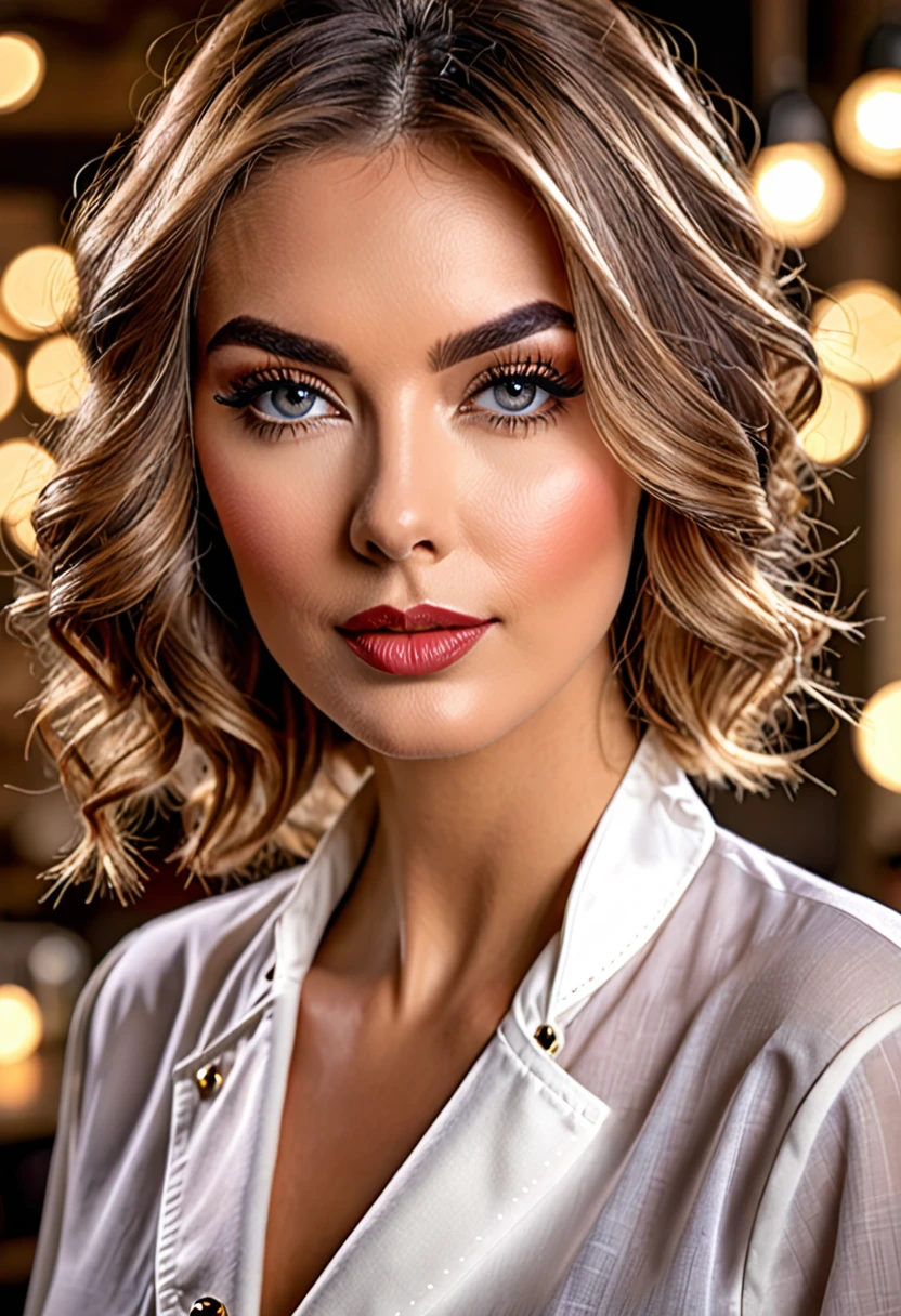 (best quality,4k,8K,high resolution,chef-d'artwork:1.2),Ultra-detailed,(Realistic,photoRealistic,photo-Realistic:1.37),portraits,Beautiful detailed eyes,Beautiful detailed lips,Extremely detailed eyes and face,long cils,cheveux brillants,Peau brillante,stylish haircut and makeup,Couleurs vives,studio lighting,Une mode impeccable,tenue vintage tendance,accessoires de mode,confident and elegant pose,fond sophistiqué et glamour,flare and bokeh effects.
