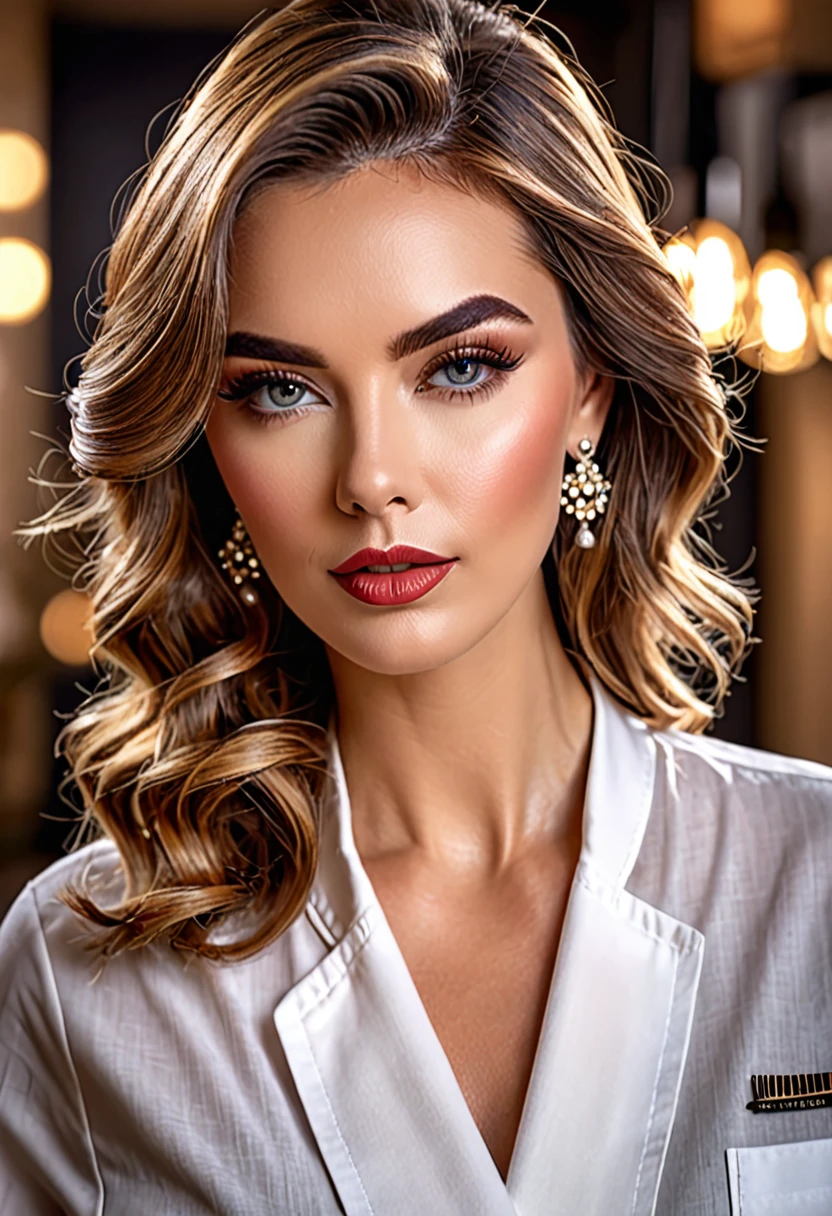 (best quality,4k,8K,high resolution,chef-d'artwork:1.2),Ultra-detailed,(Realistic,photoRealistic,photo-Realistic:1.37),portraits,Beautiful detailed eyes,Beautiful detailed lips,Extremely detailed eyes and face,long cils,cheveux brillants,Peau brillante,stylish haircut and makeup,Couleurs vives,studio lighting,Une mode impeccable,tenue vintage tendance,accessoires de mode,confident and elegant pose,fond sophistiqué et glamour,flare and bokeh effects.