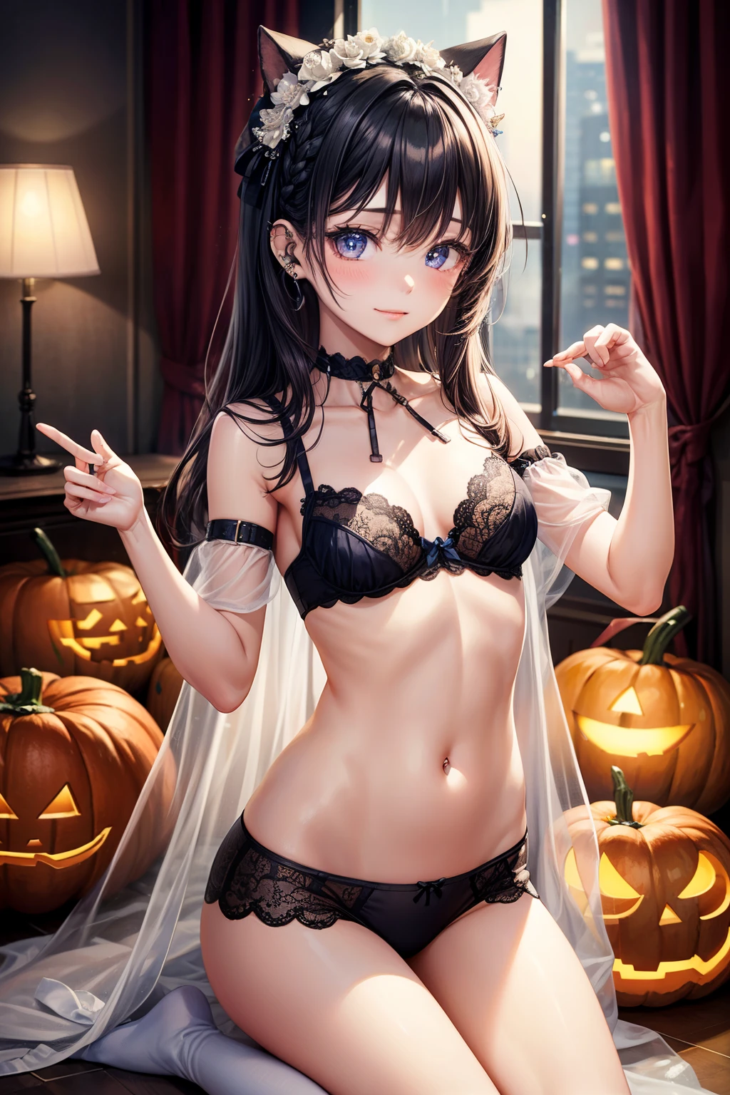 realisitic、top-quality、1 girl、18year old、Fancy Color Hair、piercings、Shy face、Halloween、fancy dress、Fancy underwear、beautiful elfee、Nyan Nyan Pose、hotels room、Particles of light、profetional lighting