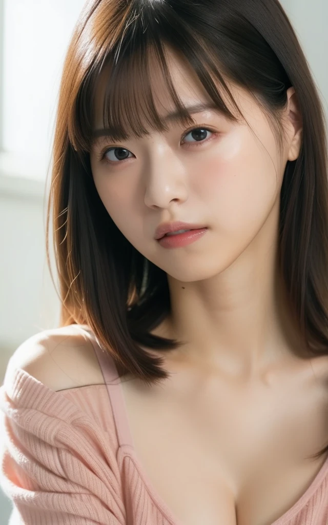 (Photoreal:1.4), (surreal:1.4), (smooth lighting:1.05), 1 girl, (sad:1.4), mouth is slightly open, pure beauty, 22 years ago, soft lighting, Backlight, (cheerfulness:1.2), (Finest realistic textured skin), narrow eyes, super fine face, glowing skin, retina, anatomically correct, acura, Super detailed, rough skin, high quality, advanced details, 最high quality, High resolution, bangs, Tight knitwear、(big breasts:1.2)