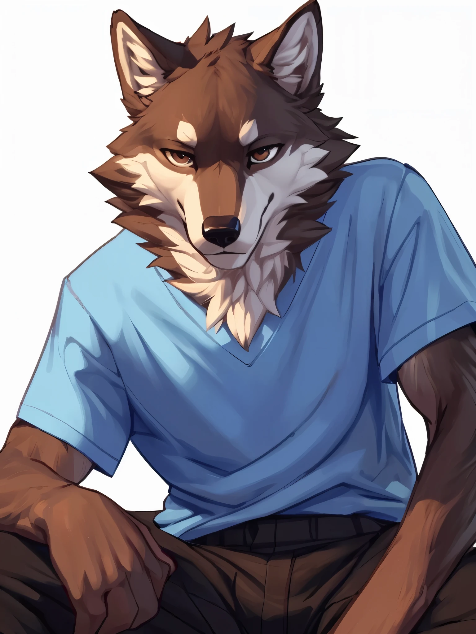 ((Best quality, masterpiece, detailed anatomy, detailed eyes, detailed hands, perfect lighting, perfect shading.)) by Feralise, by Bebebebebe, 1male, Wolf, brown furs, thick curve, dark brown eyes, skinny body, young body, blue tshirt, black pants, black sandals, smirk, tired eyes, on a white background