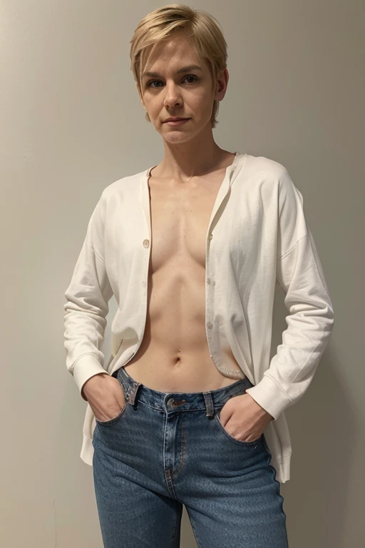 photo realistic, full shot, photo of Aster Scarlet Ridley an androgynous male, head to toe photo, non-binary, feminine, soft build, weak average body, sissy, tall, (age 44), mature, (flat chest:1.5), (short hair:1.3), (blonde hair:1.2), pale skin, 5'10" tall, adams apple, mature face with detailed skin pores, wearing jeans, college sweatshirt, standing in front of a blank wall background, perfectly centered, 12-megapixels, hyper realistic,