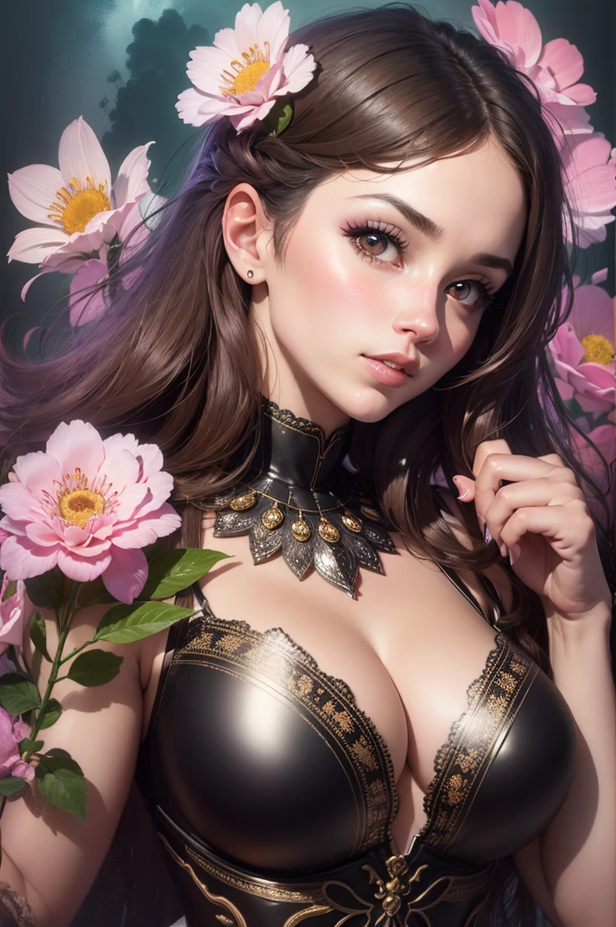 A girl with huge breasts is in the sword swallowing position. Her eyes are beautifully detailed, and her lips are also beautifully detailed. She has extremely detailed eyes and face, with long eyelashes. The image is of the best quality, with 4k or 8k resolution, high resolution, and a masterpiece with a strength of 1.2. The image is ultra-detailed, realistic, and photorealistic with a strength of 1.37. The medium used to create this artwork is a mix of illustration and oil painting. The scene is set in a garden, with vibrant colors and studio lighting. The girl is wearing a traditional outfit and is surrounded by blooming flowers. The colors are vivid and the focus is sharp. The overall lighting in the image is warm and inviting, creating a surreal atmosphere. The artwork captures the concept of a girl performing the sword swallowing position, demonstrating her unique talent and showcasing her beauty. The image has a touch of fantasy and mystery, captivating the viewer's attention.