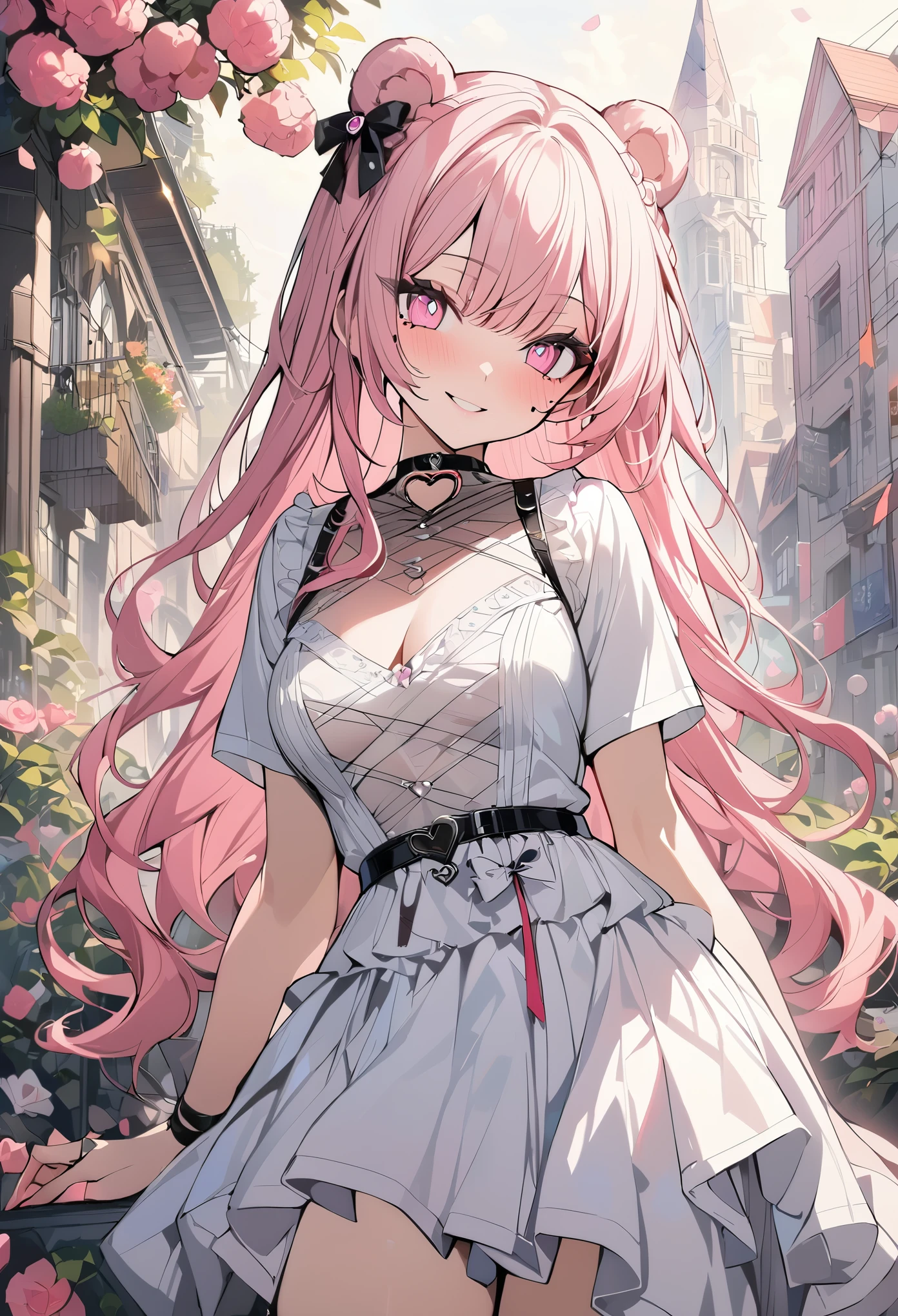 1 girl, pink long bun hair, heart shaped eyes,bear ears, {Pink bob hair bun girl、 The name Nami}, (Pink eye color), {downtown}, (smile), bright background , mole under eye, heart shaped choker, (masterpiece, highest quality), very detailed, highest quality, official art, beautiful and aesthetic: 1.2), (1 girl), very detailed, (geometry art: 1.3), colorful, most detailed ?d1 girl, pink long bun hair, Eye of the symbol, +__+, gothic costume, {A girl with long pink bun hair The name Nami}, (Pink eye color), {downtown}, (smile), bright background, (garden,beautiful flower々),mole under eye, heart shaped choker, (masterpiece, highest quality), official art, beautiful and aesthetic: 1.2), (1 girl), very detailed, (geometry art: 1.3), colorful
